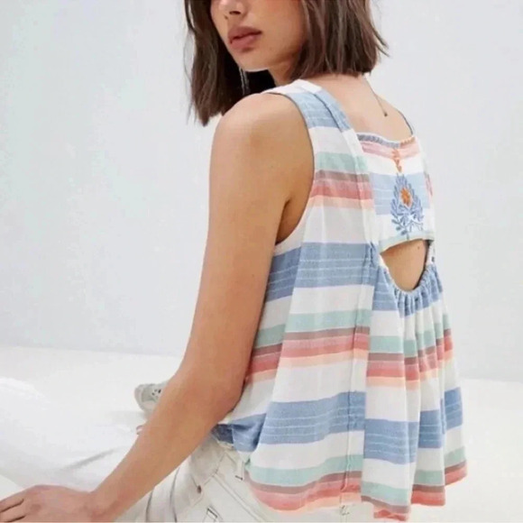 FREE PEOPLE | boho embroidered | stripe flowy tank |size S - Picture 2 of 8